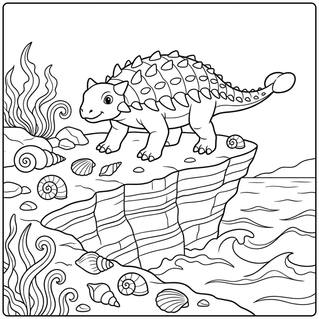 Detailed Ankylosaurus coloring page on a rocky cliff