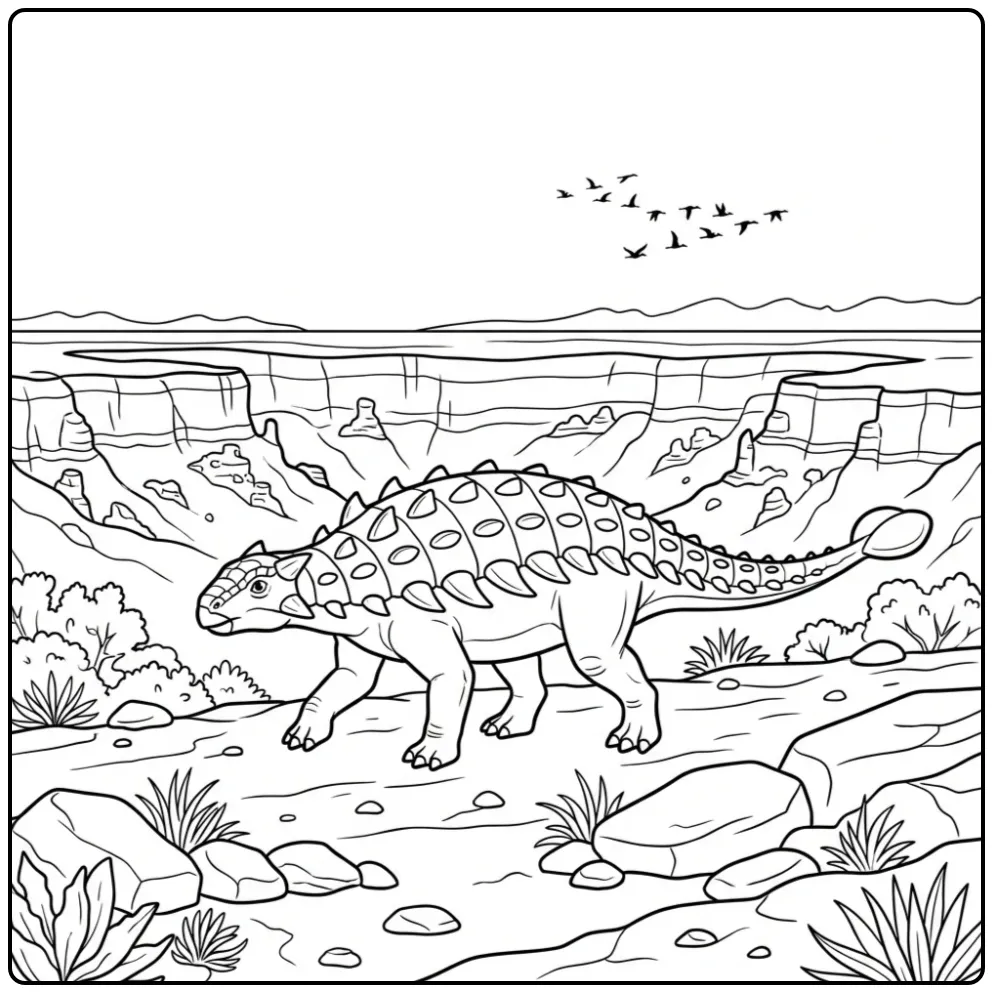 Detailed Ankylosaurus coloring page in a rocky ravine