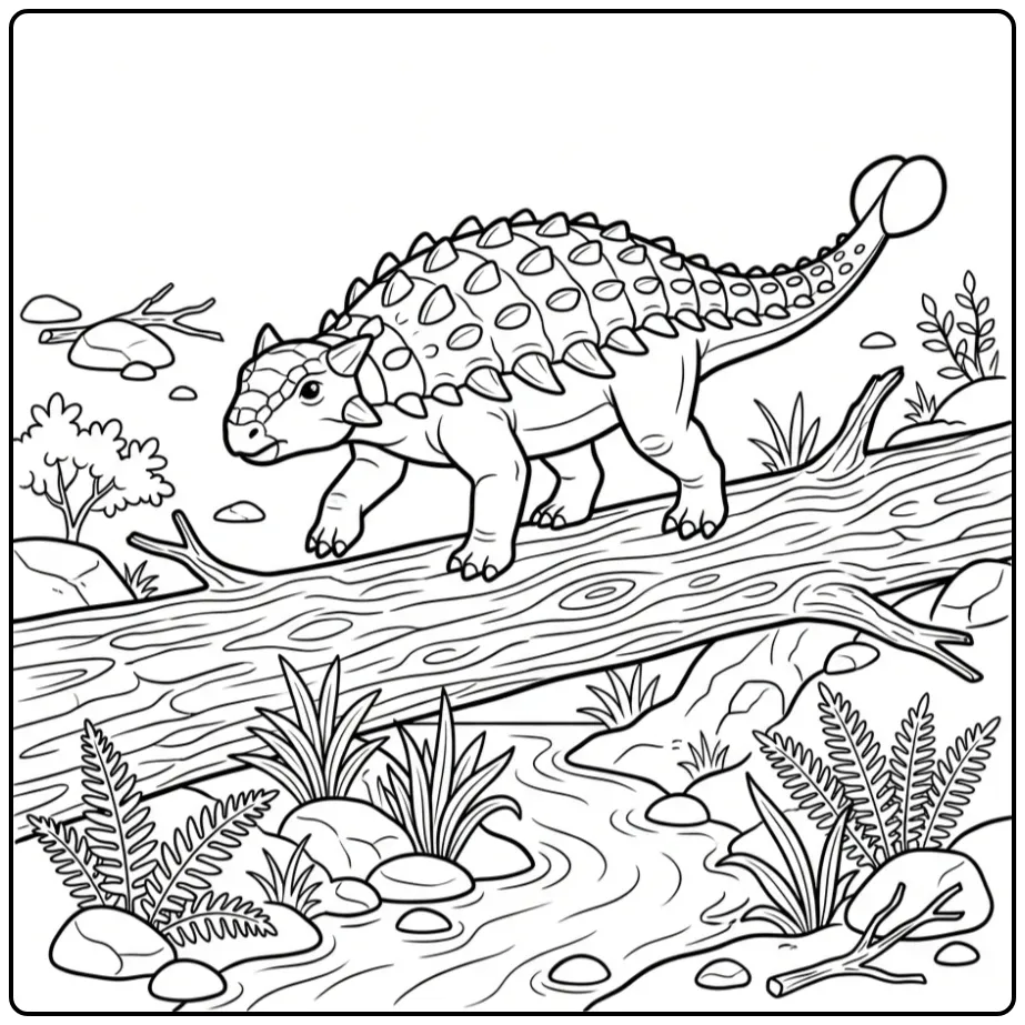 Ankylosaurus coloring page crossing a fallen log