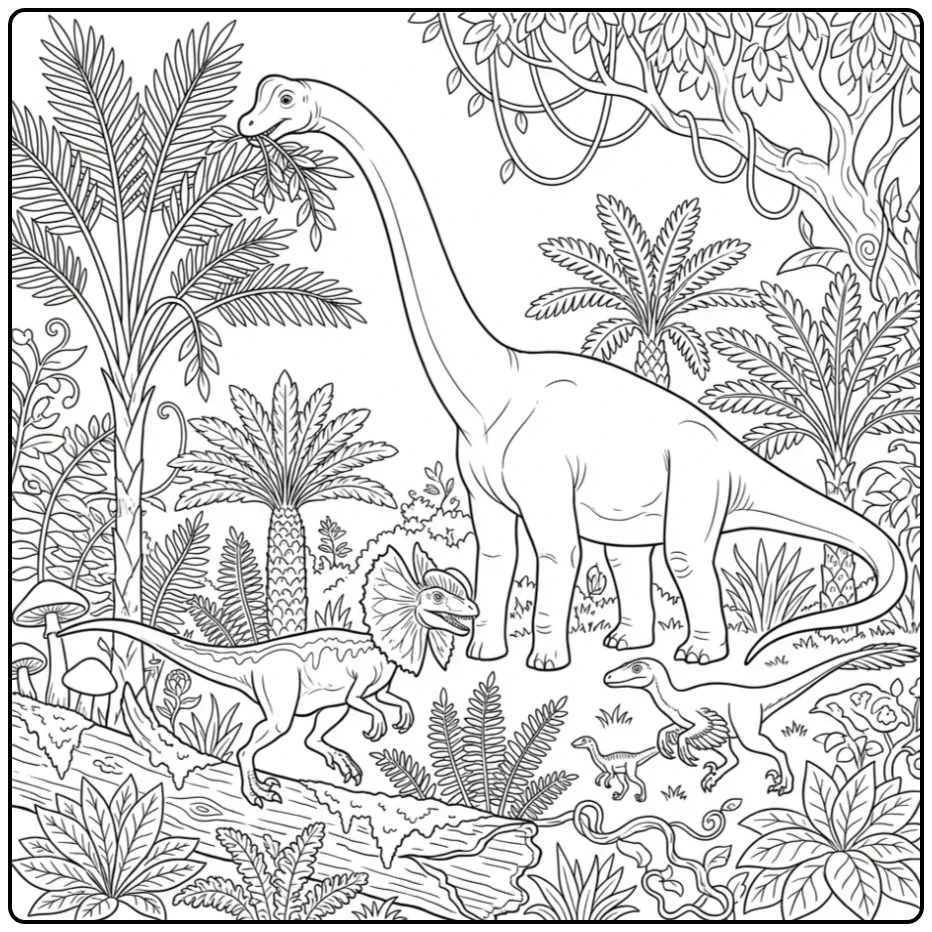 Adventurous Dinosaur in a Lush Jungle coloring page
