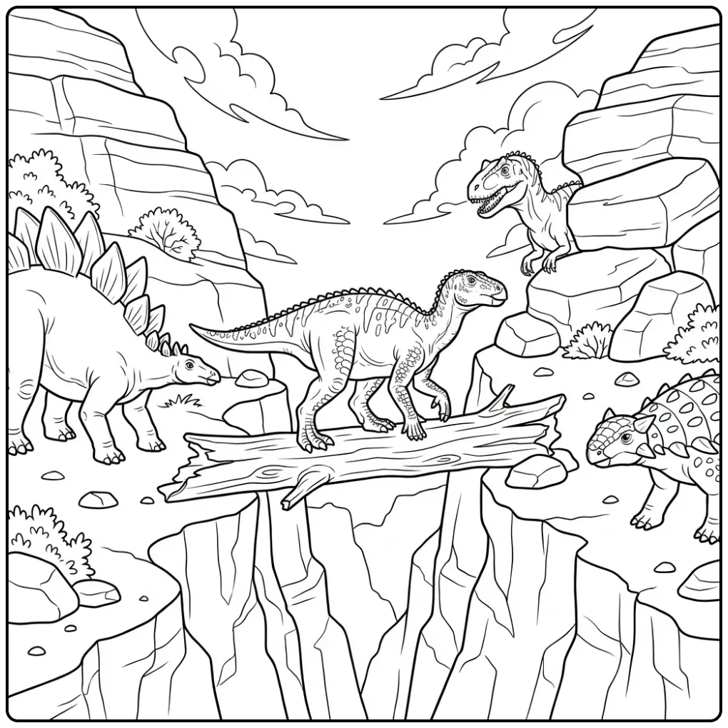 Adventurous Dinosaur Iguanodon and Bridge coloring page