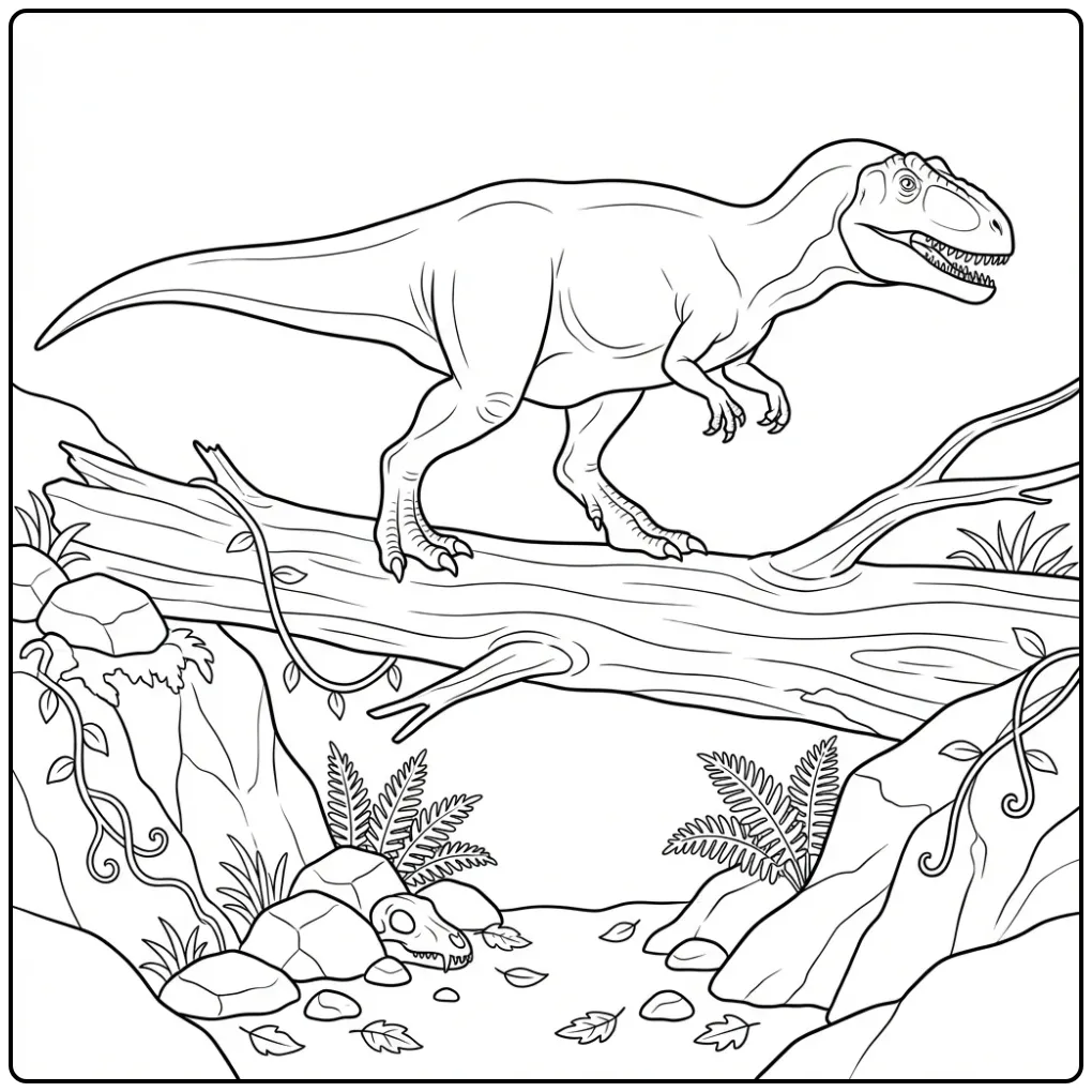 Giganotosaurus coloring page crossing a fallen log bridge