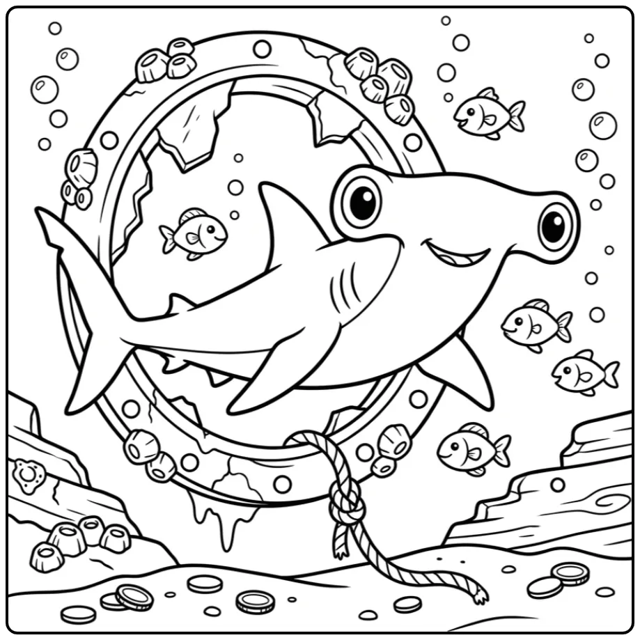 Adventurous Hammerhead Shark with Coins coloring page
