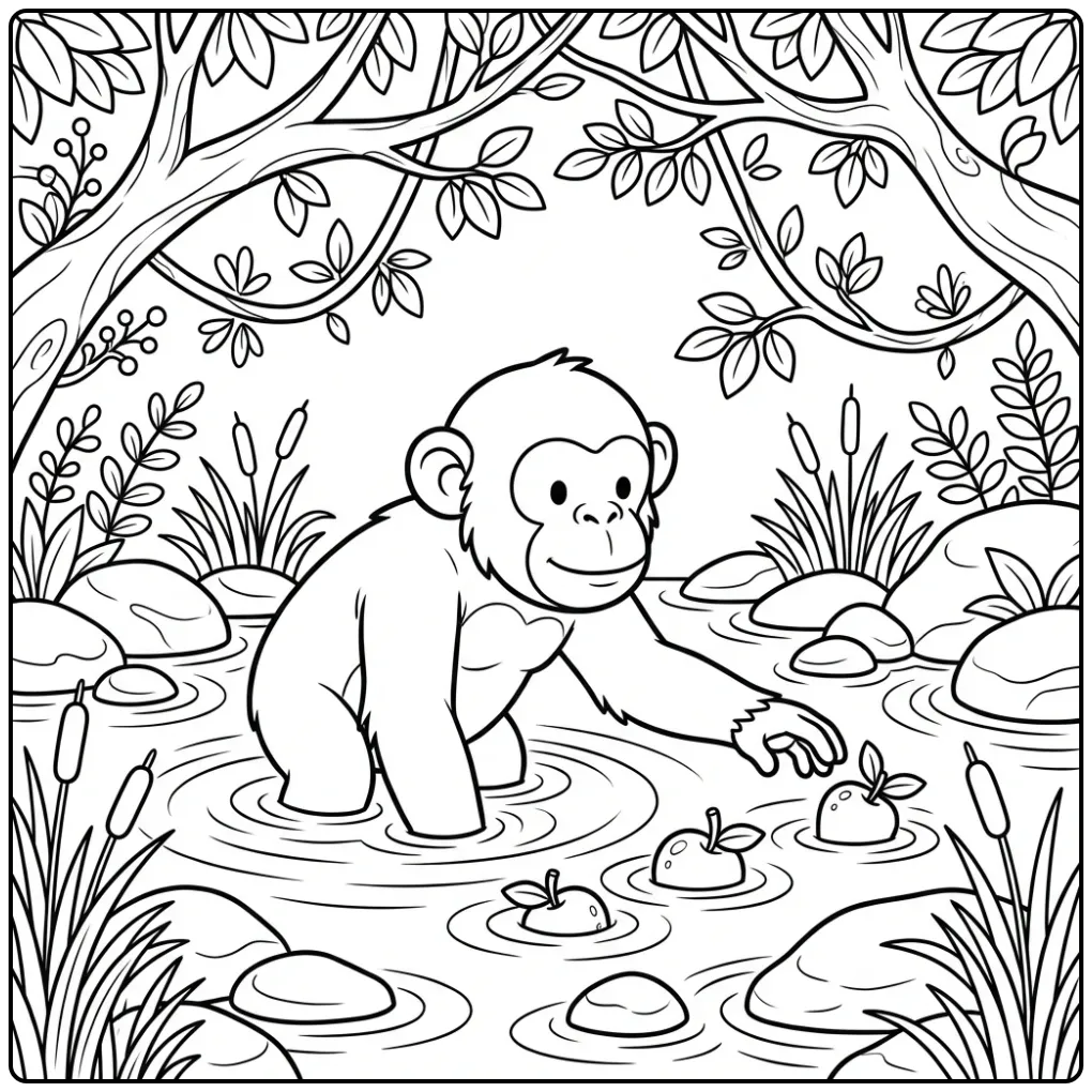 Chimpanzee coloring page wading in water and reaching for fruit