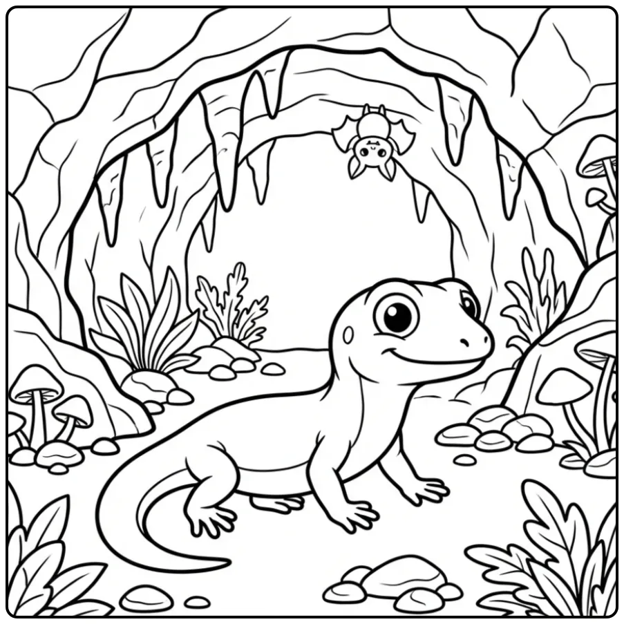 Lizard coloring page exploring a rocky cave