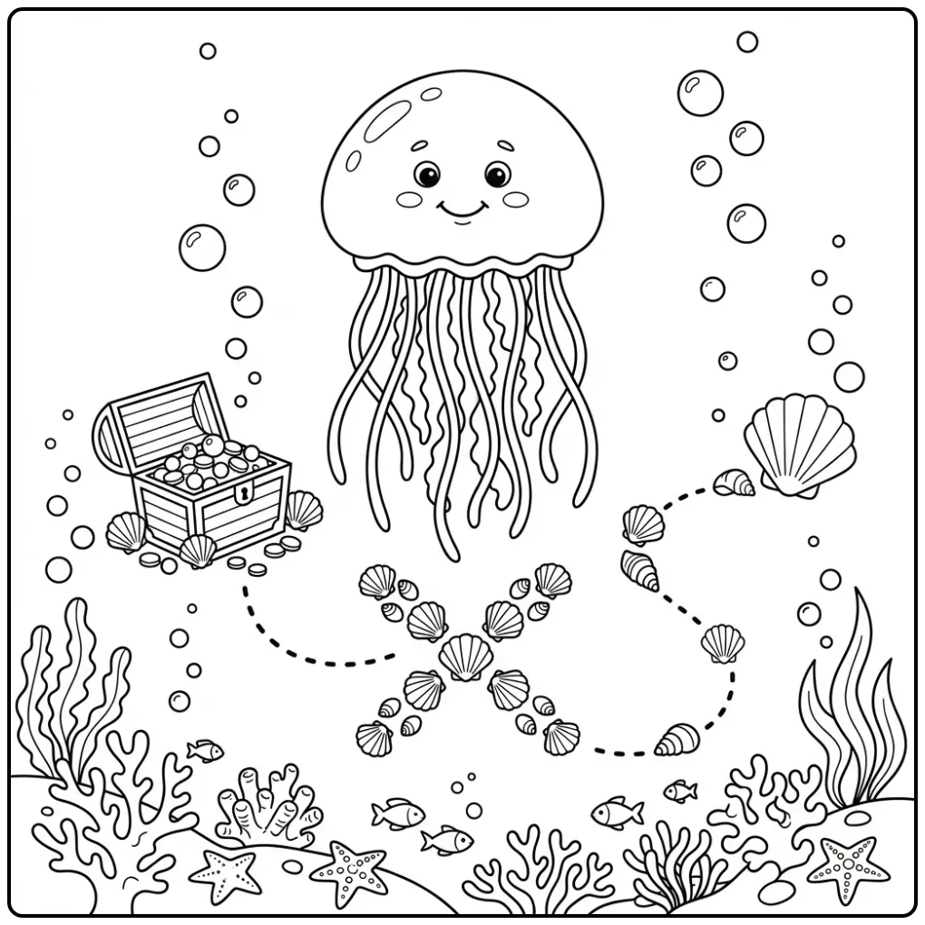 Cute jellyfish coloring page searching for sea treasure