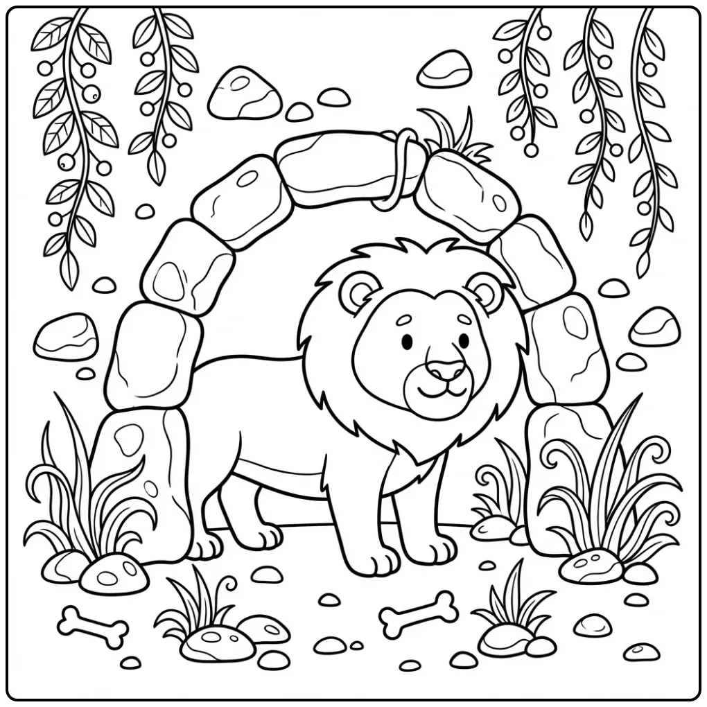 Cute lion coloring page standing in front of its stone cave