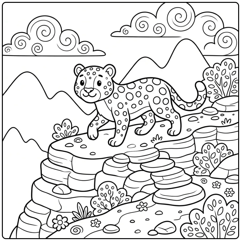 Adventurous Leopard in the Mountains coloring page