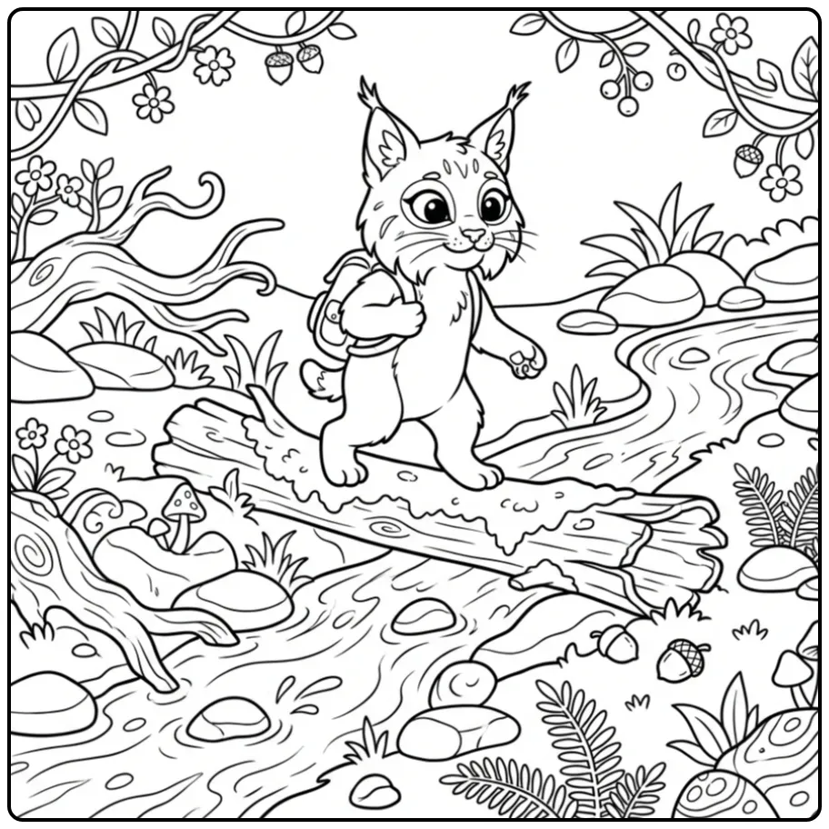 Lynx coloring page on a log above a stream