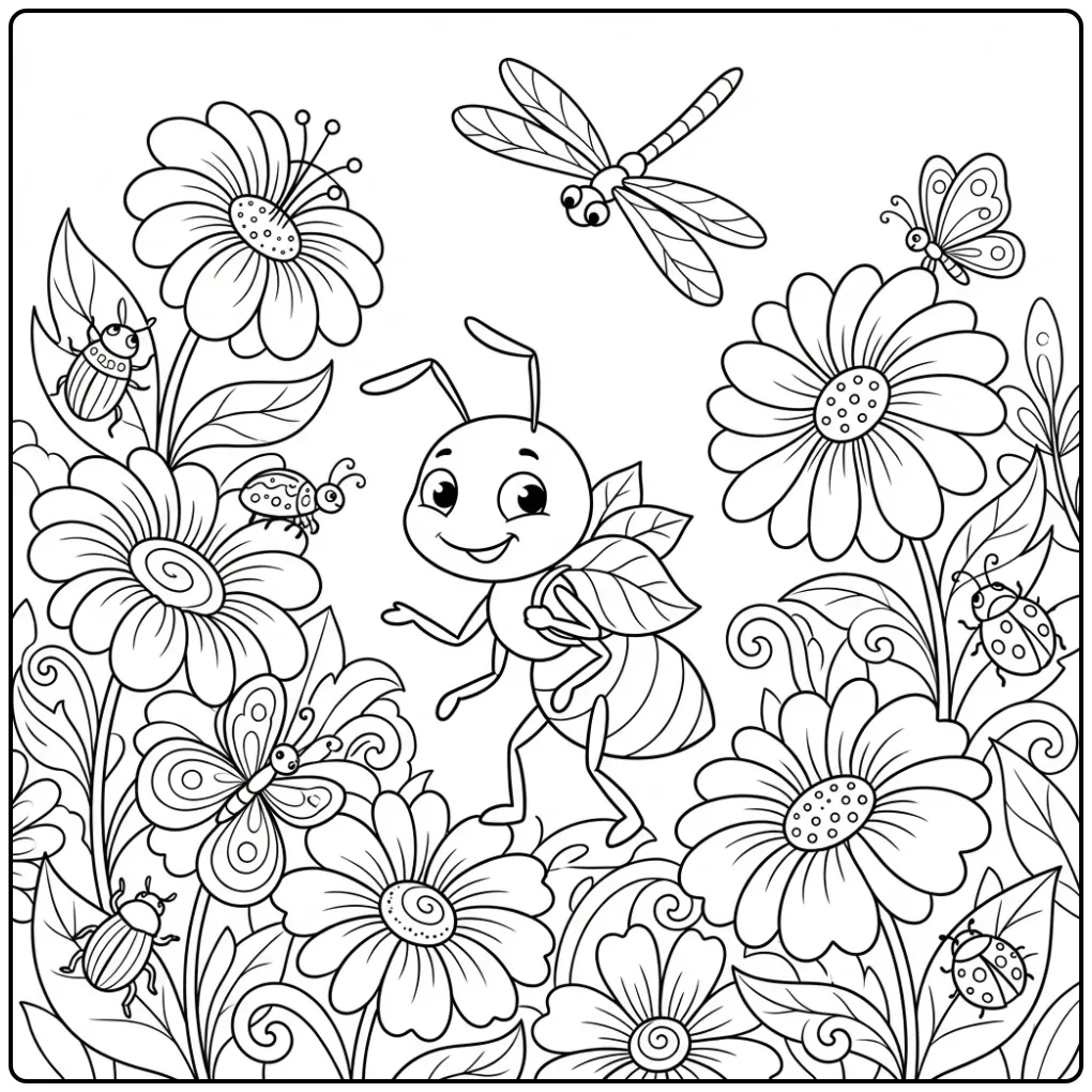 Ant coloring page featuring an ant in a flower meadow