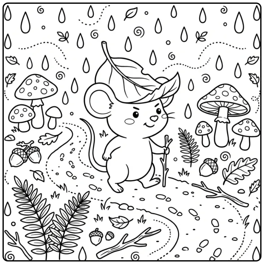 Adventurous Mouse with a Leaf Hat in the Forest coloring page