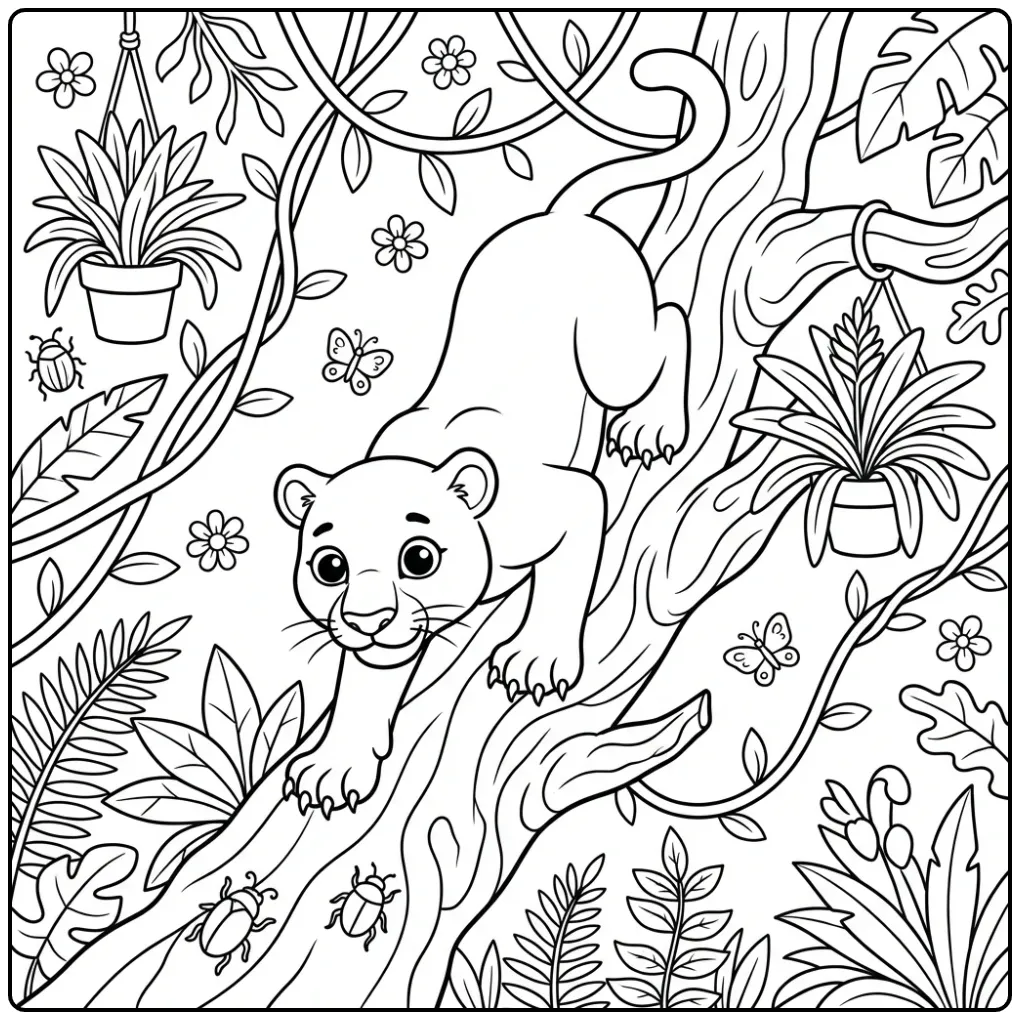 Panther coloring page climbing along a tree trunk with leaves