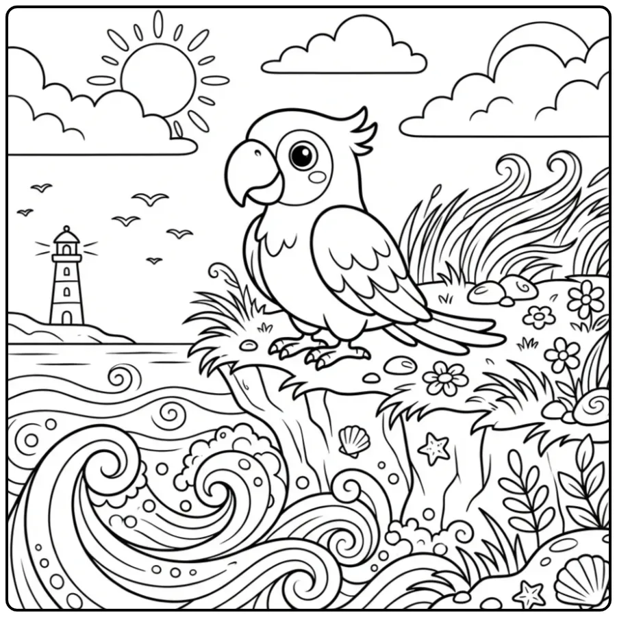 Adventurous Parrot with Lighthouse coloring page