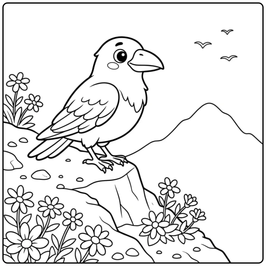 Adventurous Raven on a Mountaintop coloring page
