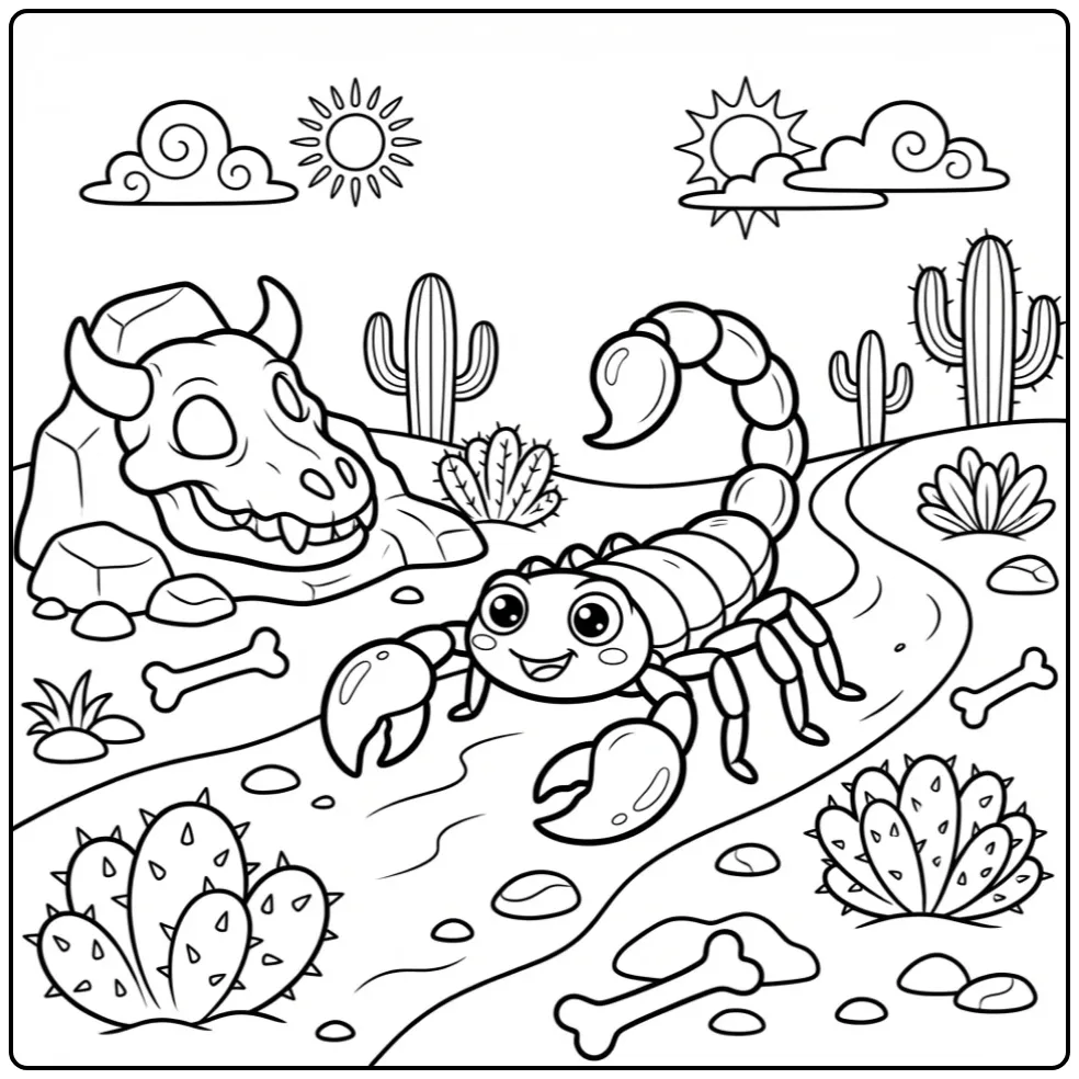 Scorpion coloring page showing a scorpion near a skull-shaped rock