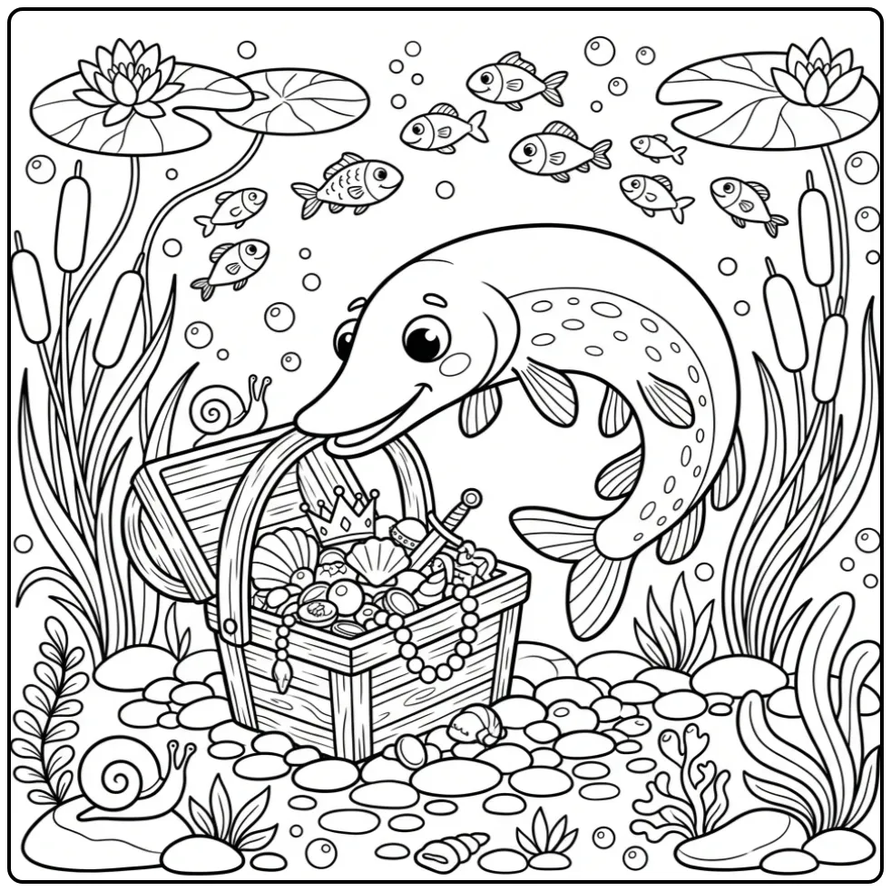 Adventurous Pike and a Basket Full of Treasures coloring page