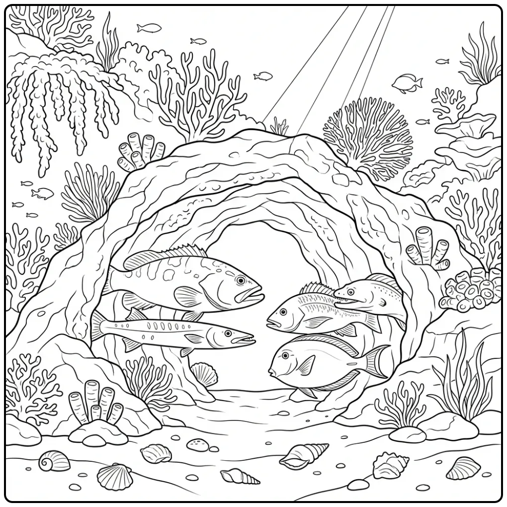 Adventurous Fish Sea Animals with a Cave coloring page