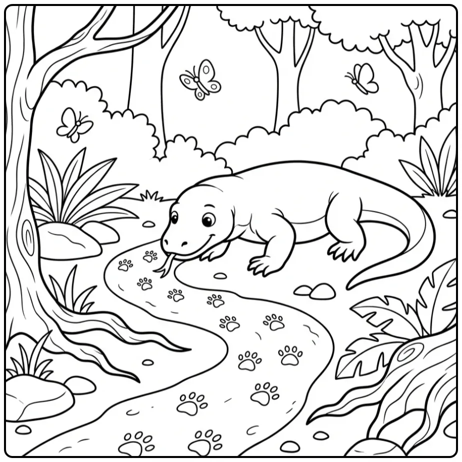 Komodo Dragon coloring page sniffing along an adventurous path