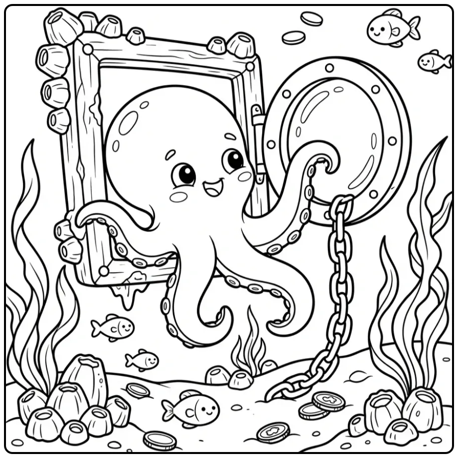 Realistic octopus coloring page by a porthole