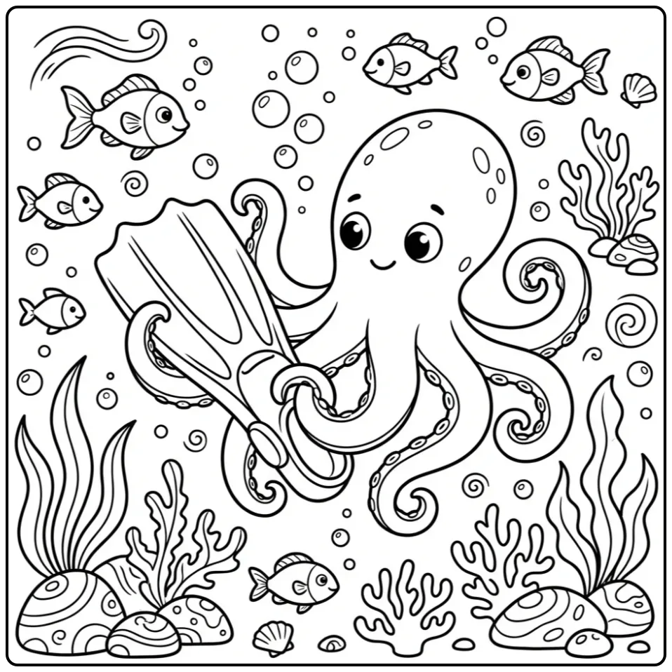 Octopus coloring page holding a diving fin