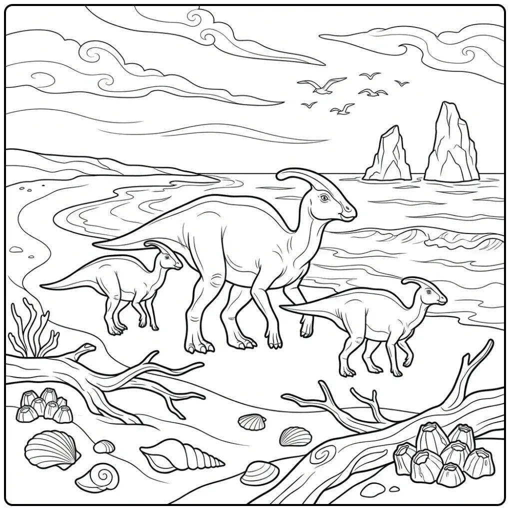 Parasaurolophus coloring page with three dinosaurs on the beach