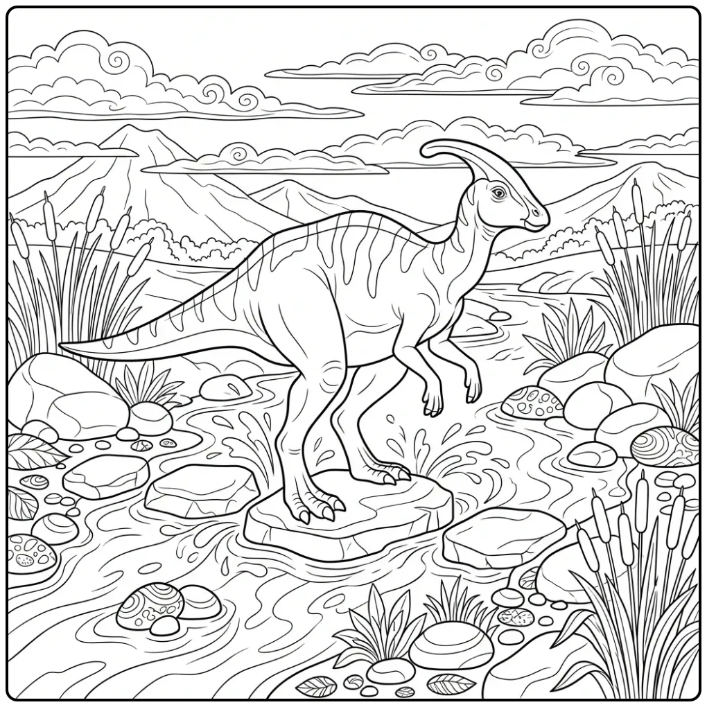 Parasaurolophus coloring page crossing a stream