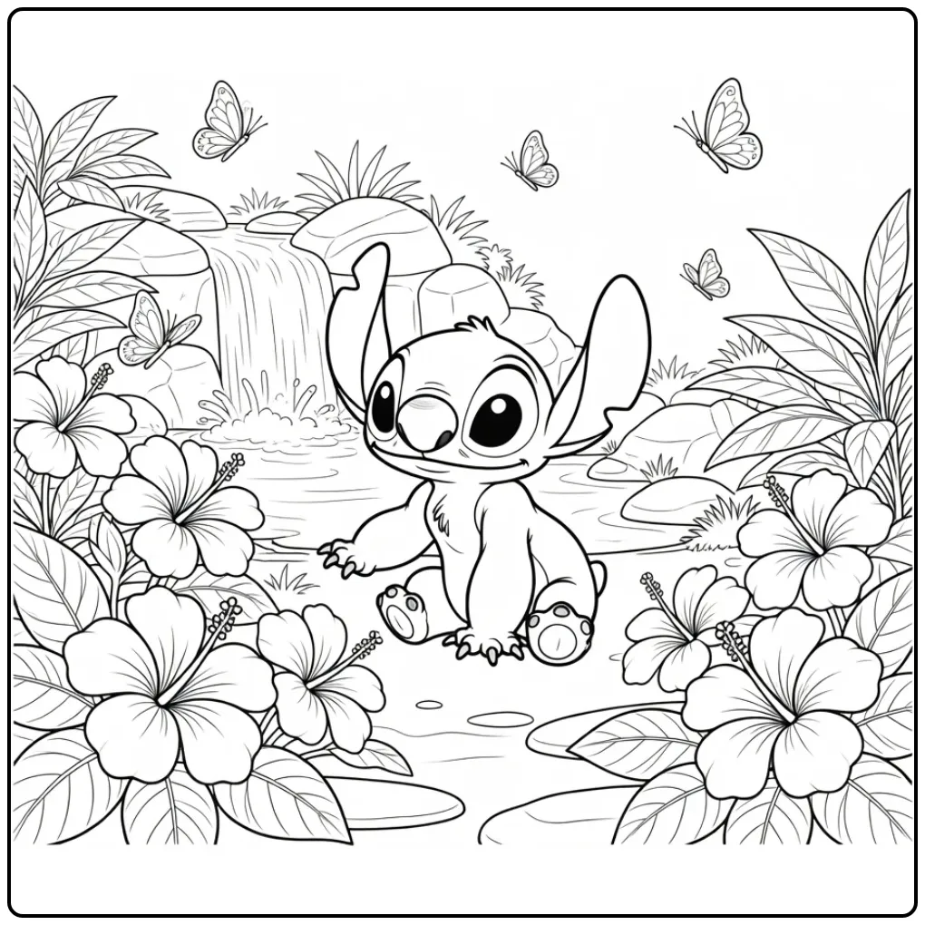 Adventurous Stitch Among Tropical Plants coloring page