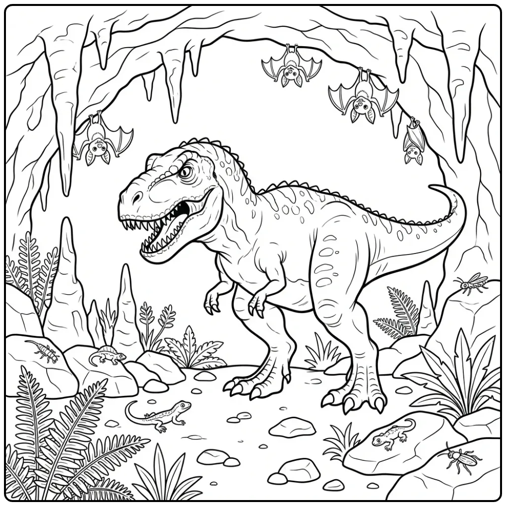 T. Rex coloring page with a cute dinosaur by a cave