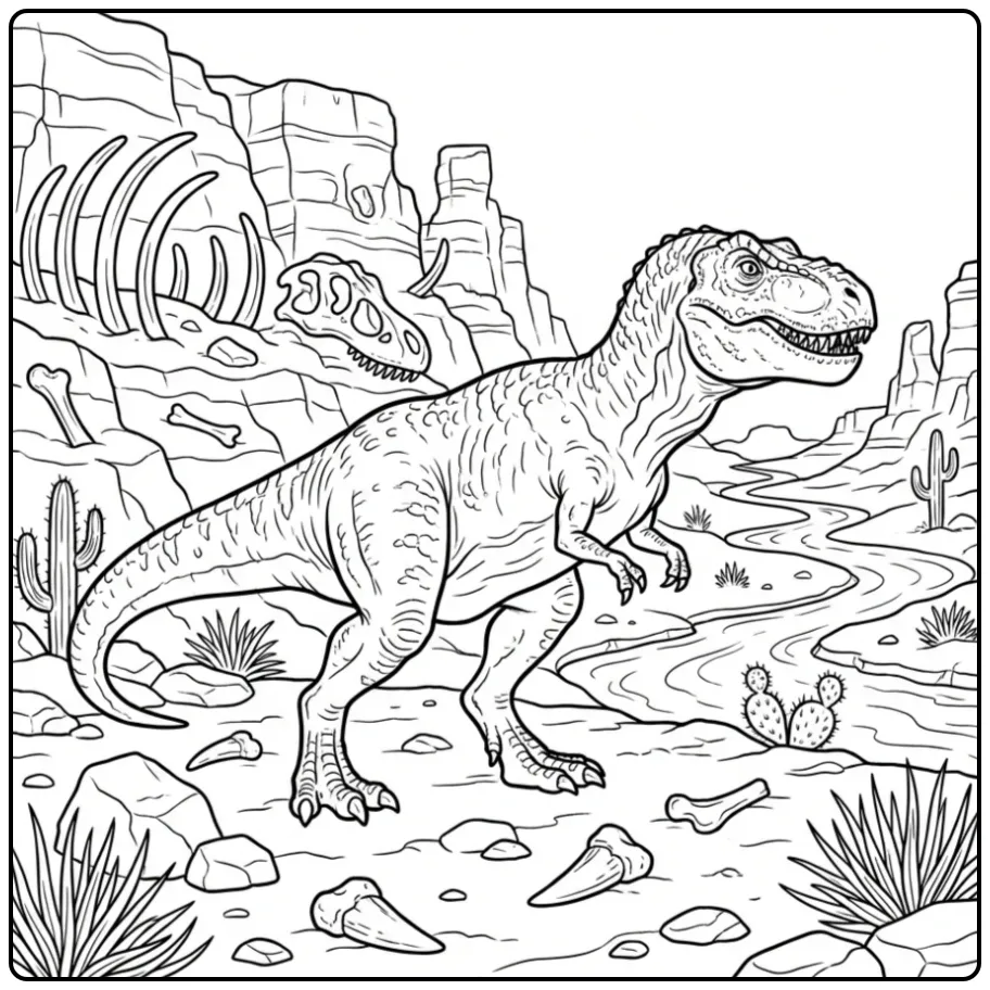Realistic T. Rex coloring page in a fossil-filled landscape