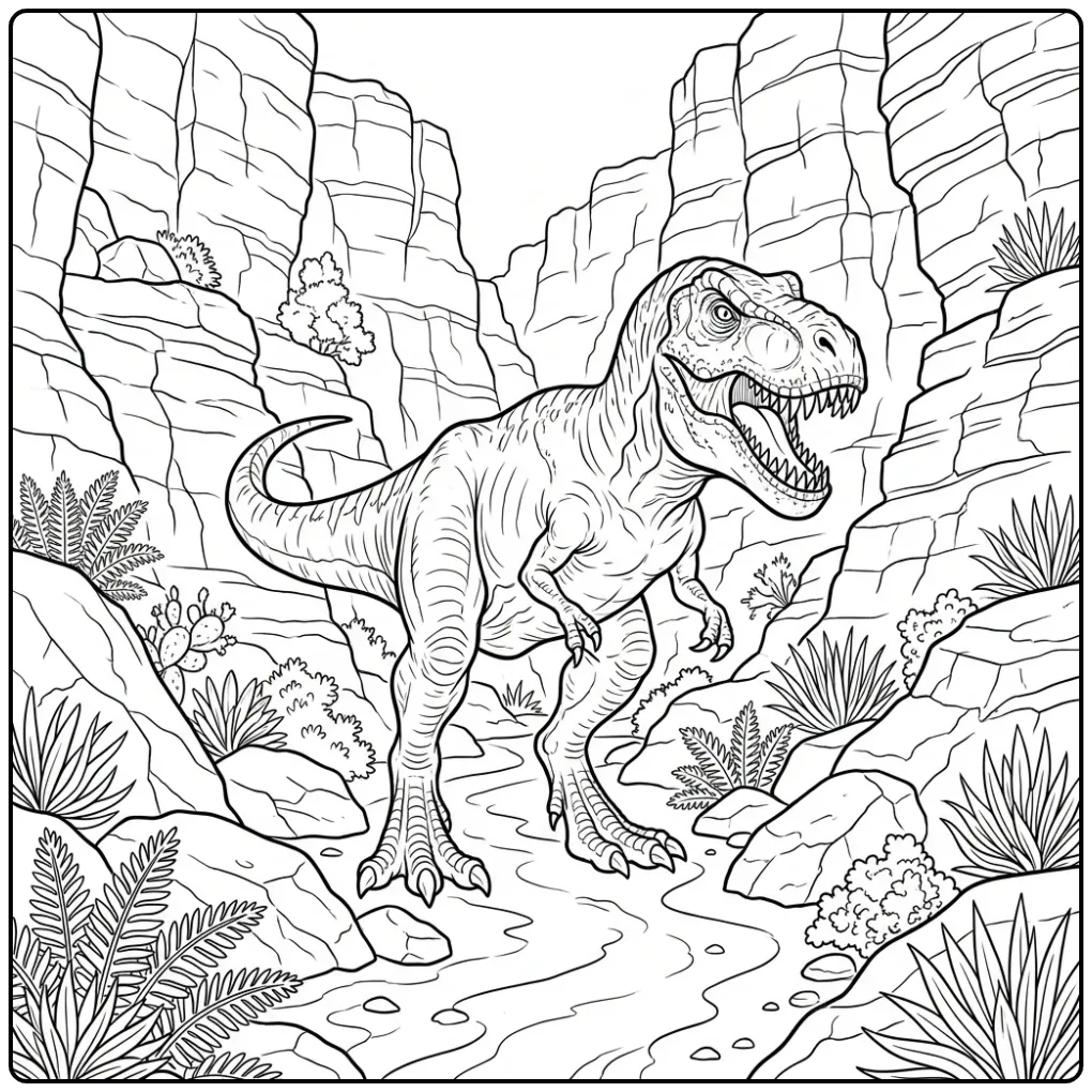 Cute T. Rex coloring page walking through a deep canyon