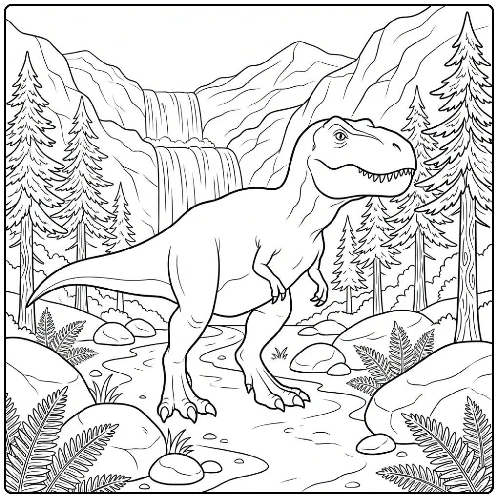 Prehistoric T. Rex coloring page with a waterfall and mountains