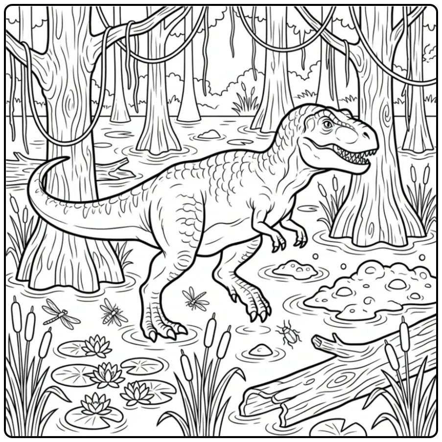 T. Rex coloring page in a swamp with trees and vines
