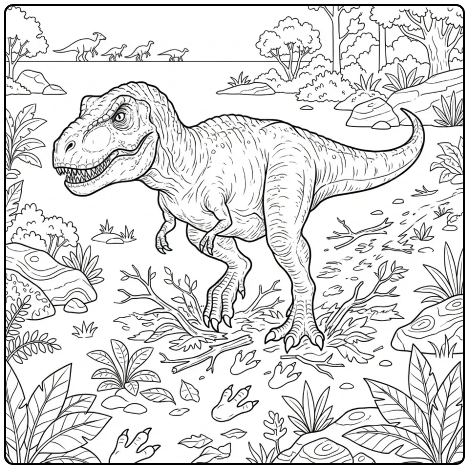 Cute T. Rex coloring page walking along a dinosaur trail