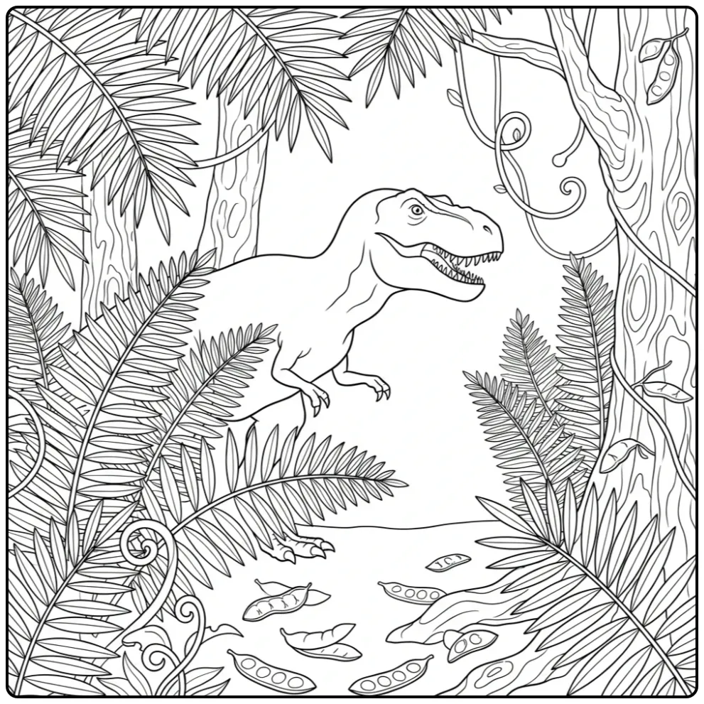 Detailed T. Rex coloring page in a dense jungle