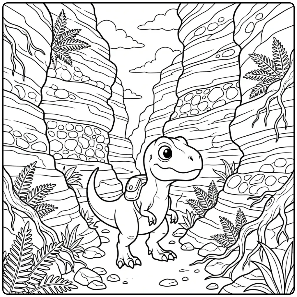 Cute baby T. Rex coloring page in a rocky gorge