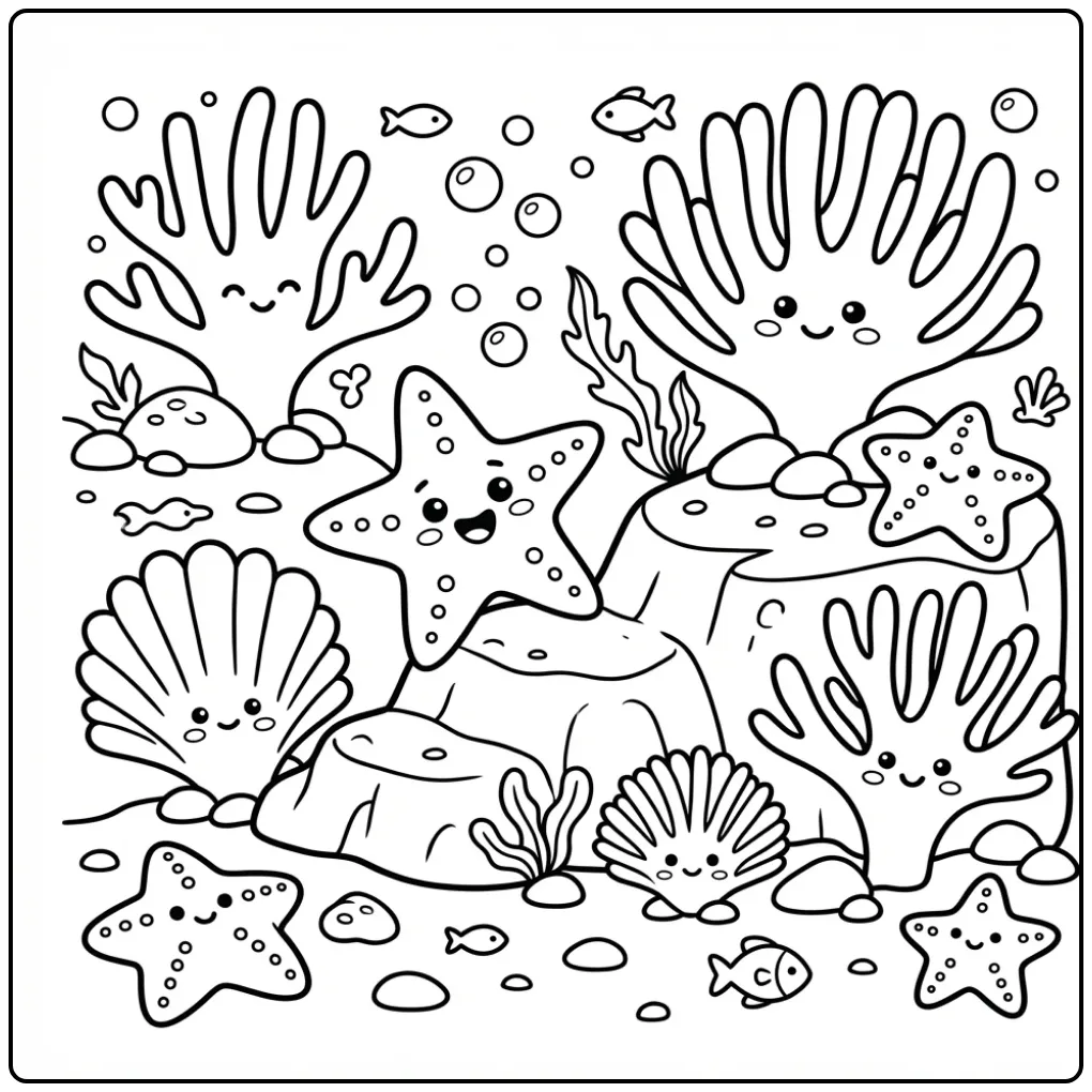 Cheerful starfish coloring page with coral and stones