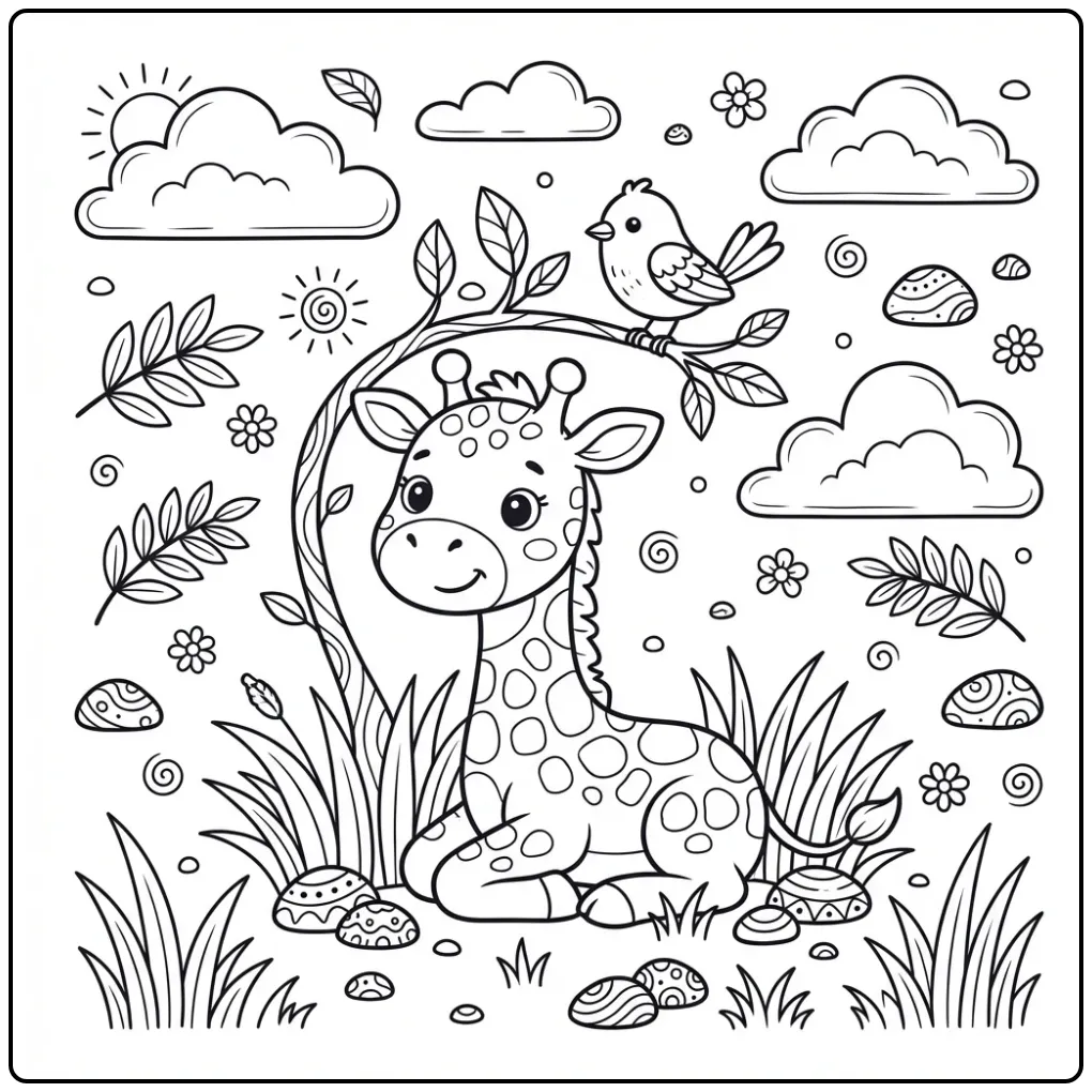 Baby Giraffe and Bird in the Savanna coloring page