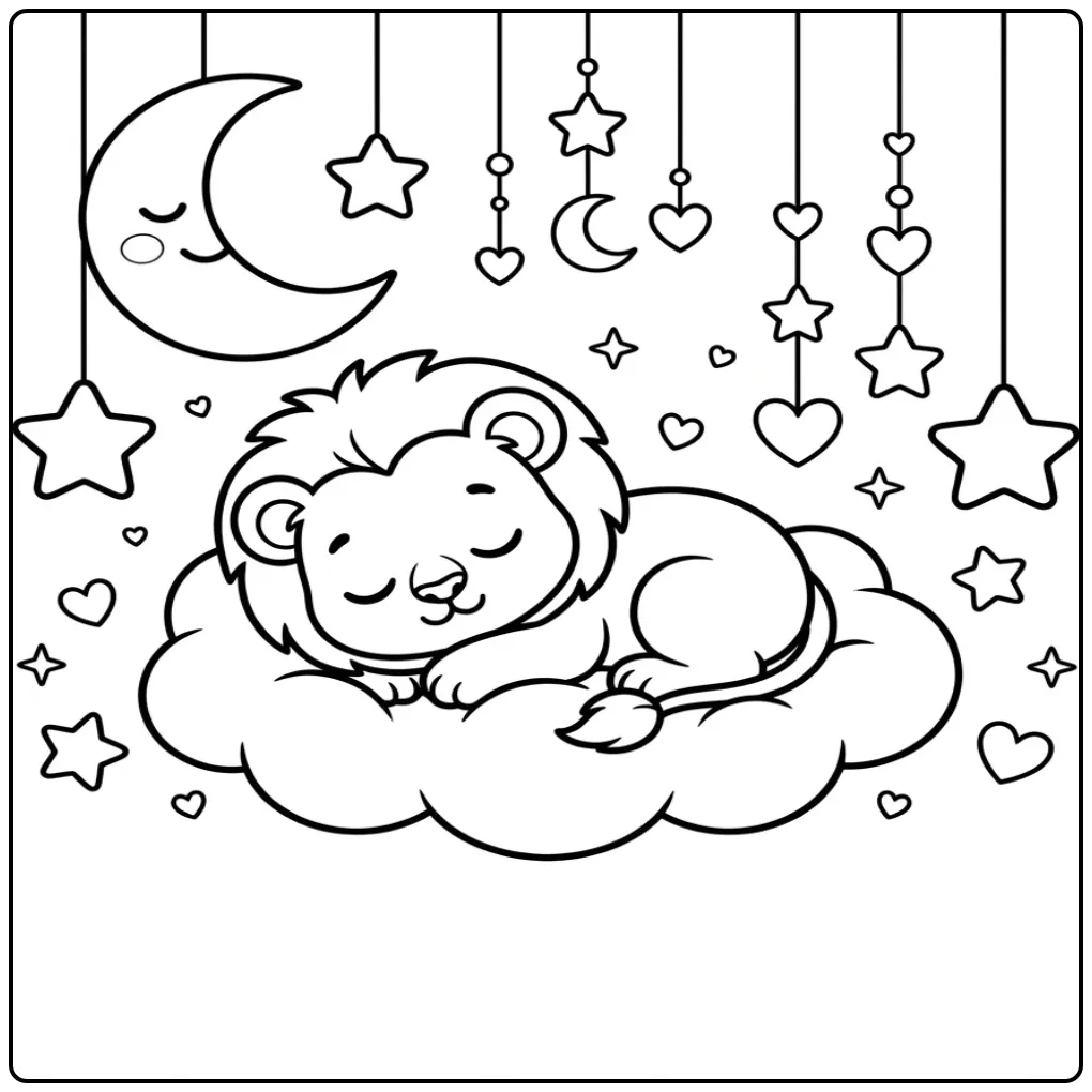 Cute baby lion coloring page sleeping on a cloud