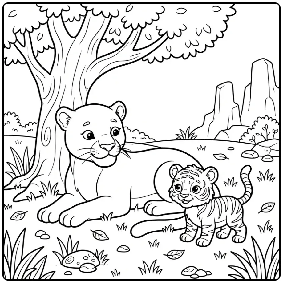 Mother Panther and Baby Cub in Nature coloring page