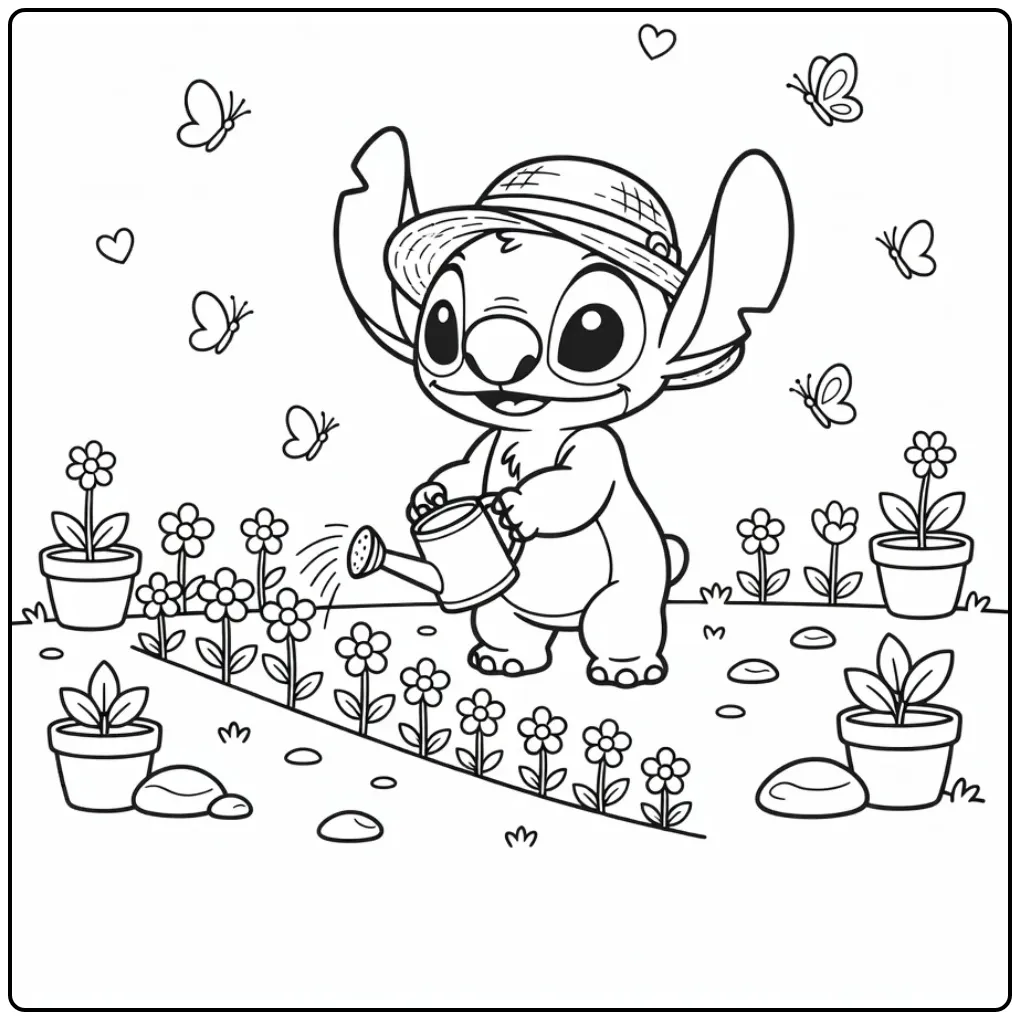 Baby Stitch in the Garden with Flowers and Butterflies coloring page