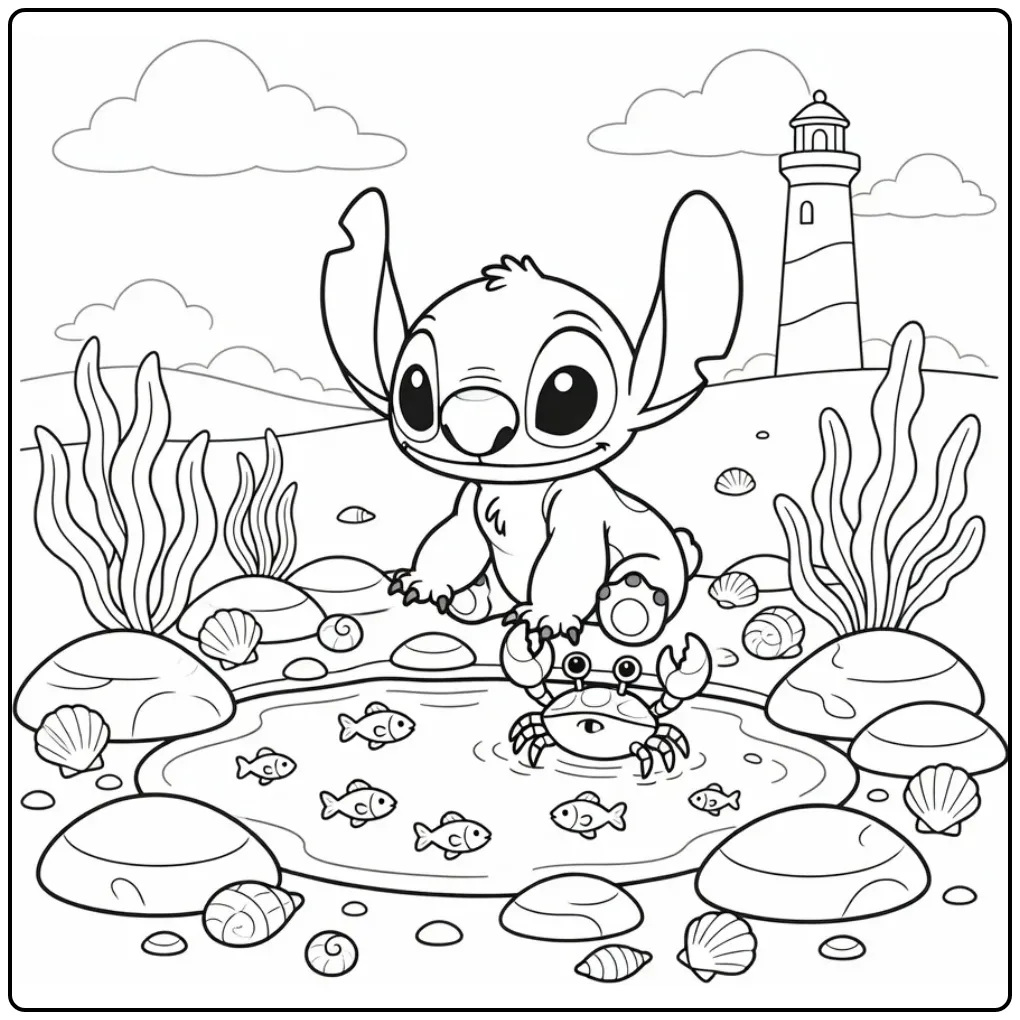 Baby Stitch Crab and Fish at Sea coloring page