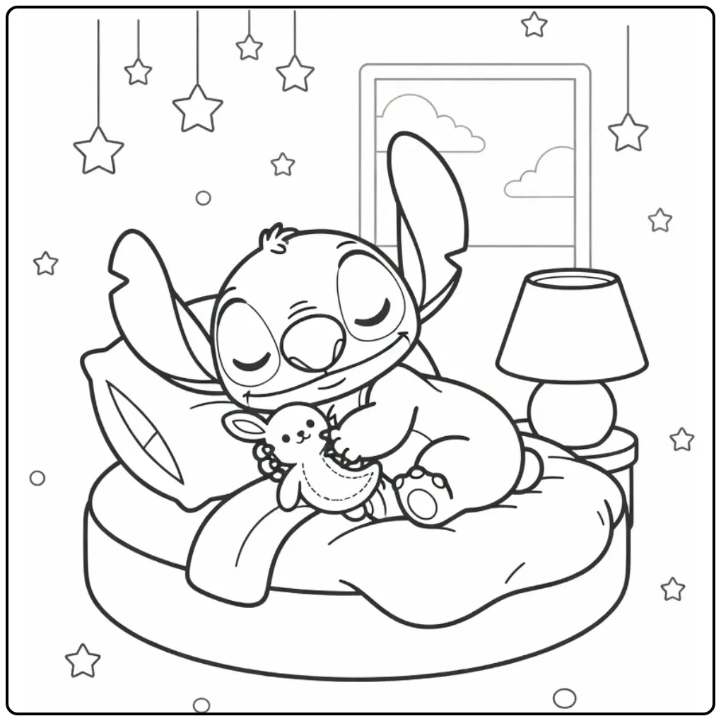 Baby Stitch Sleeping with Moon Hug and Stars coloring page