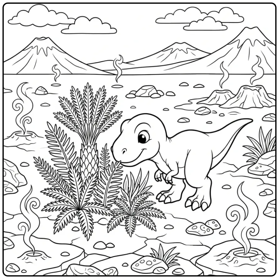 Cute baby T. Rex coloring page near volcanoes