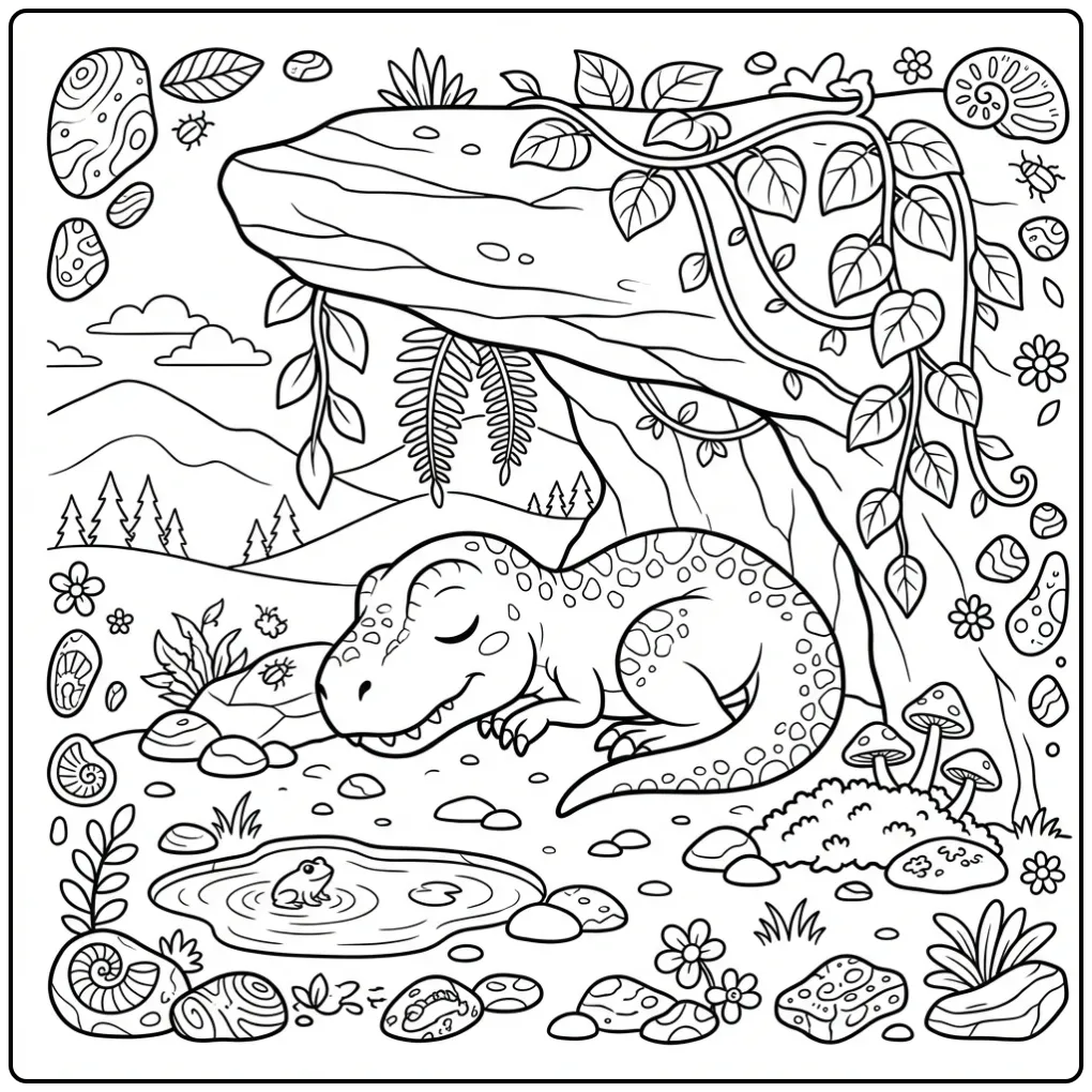 Sleeping baby T. Rex coloring page under a rock