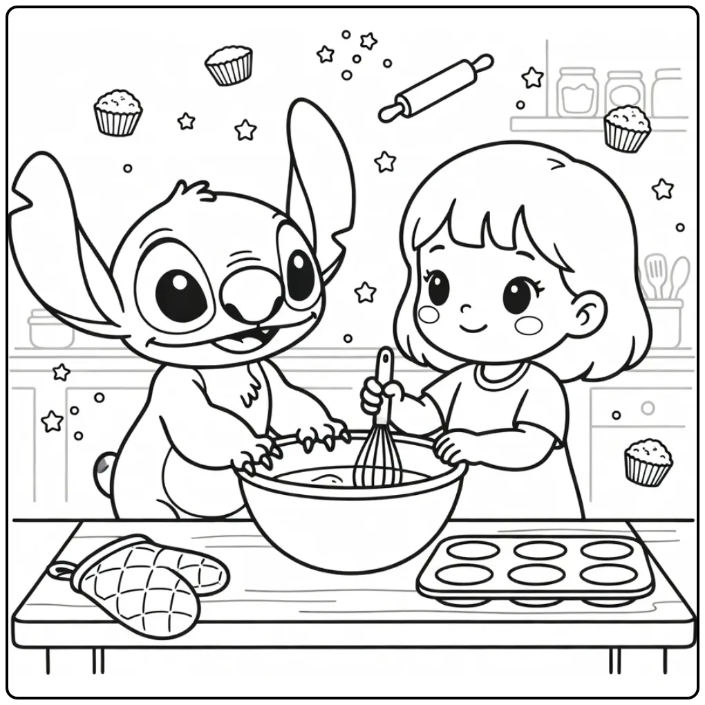 Cute Stitch Baking in the Kitchen coloring page