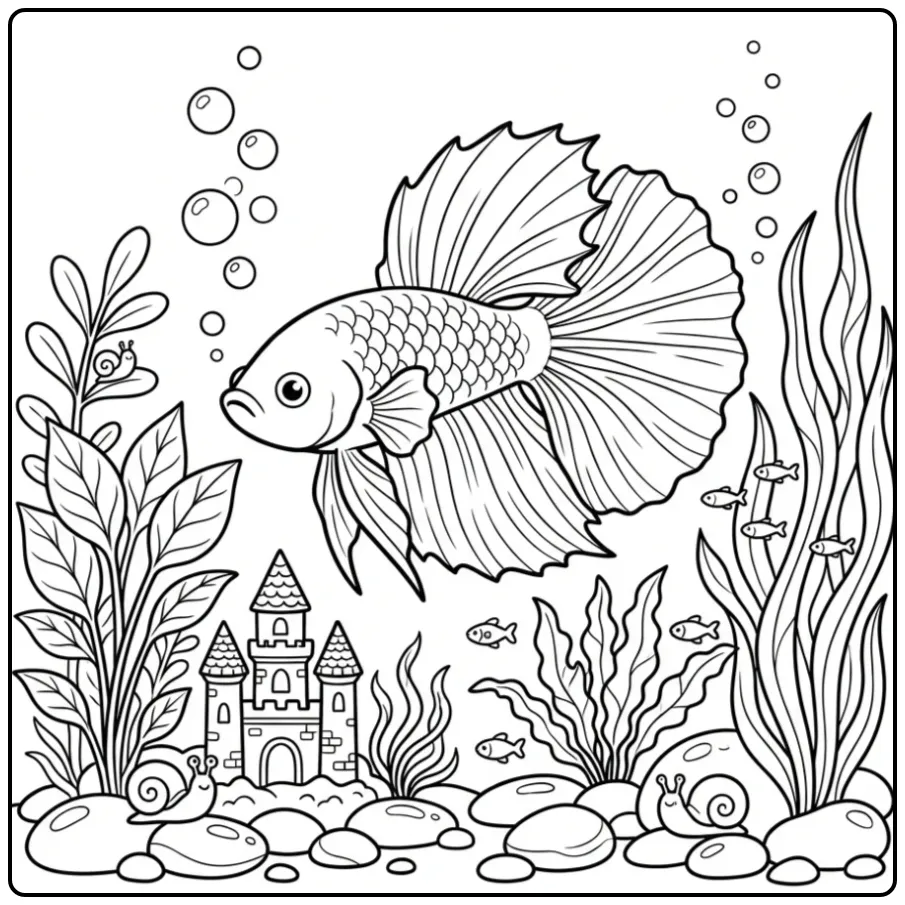 Cheerful Betta Fish in an Aquarium coloring page