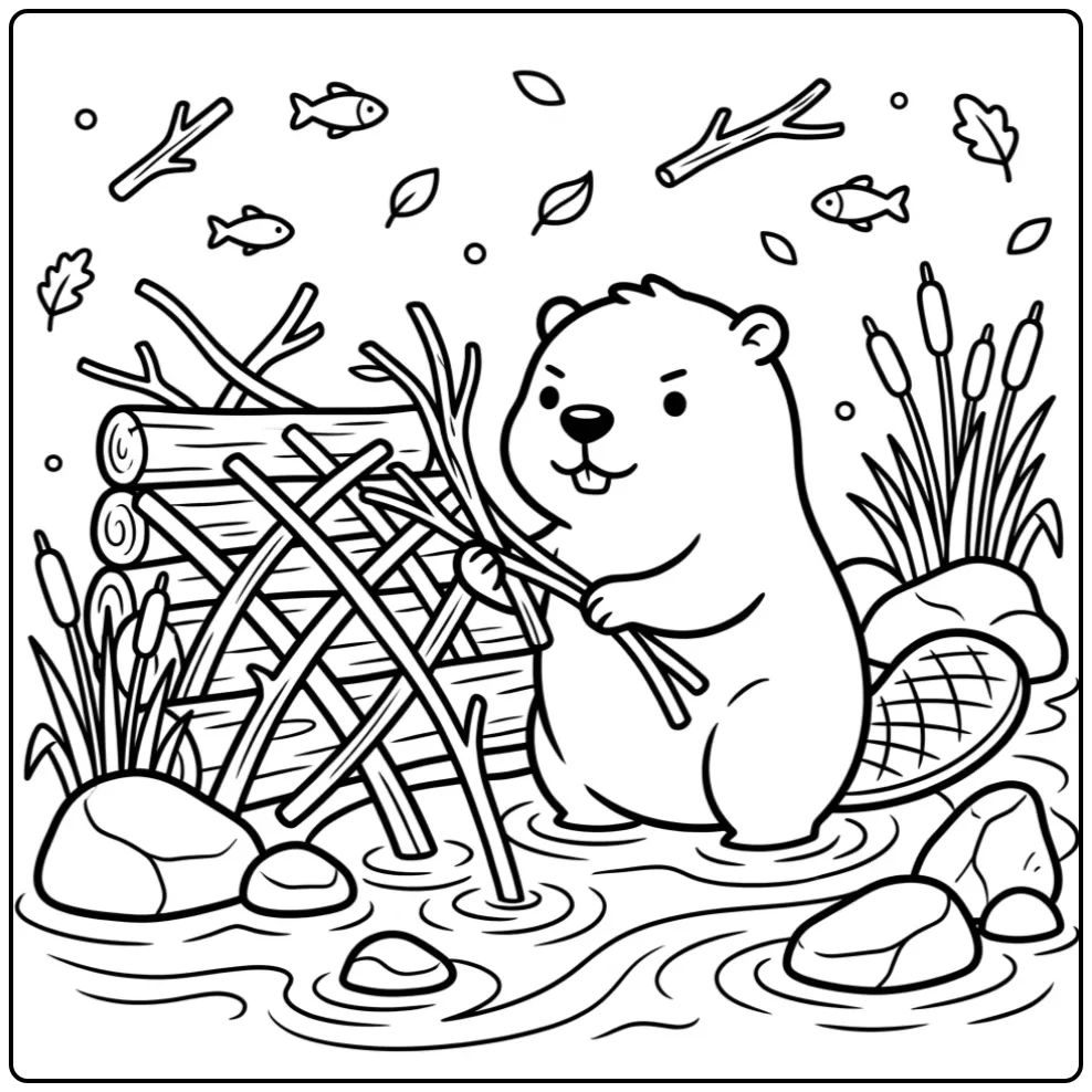 Cute beaver coloring page building a strong dam