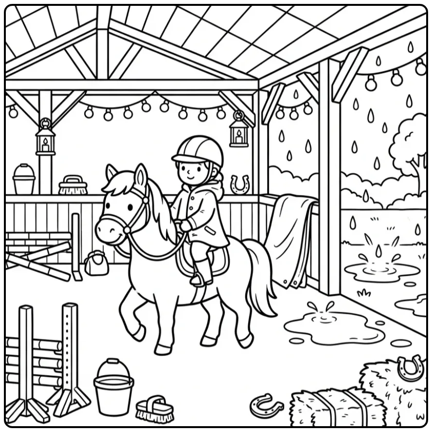 Fun Horse with Rider Riding Indoors coloring page