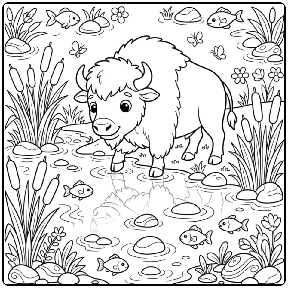 Bison by the River with Fish and Reeds coloring page