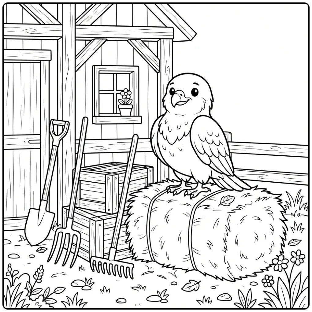 Farm Buzzard Sitting on a Hay Bale coloring page